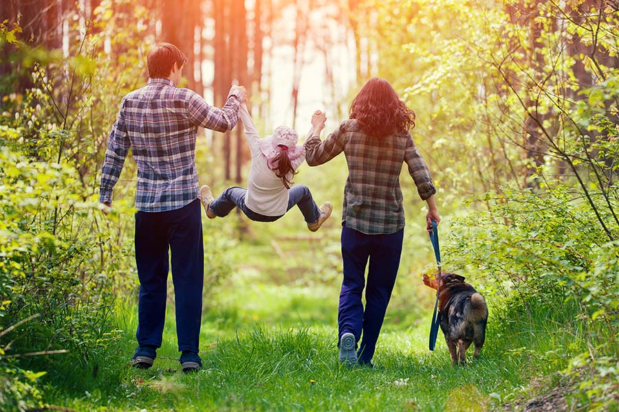 About Our Agency - Rear View of a Mother and Father Holding Up Their Young Daughter in the Air While Taking a Walk with the Dog in the Park